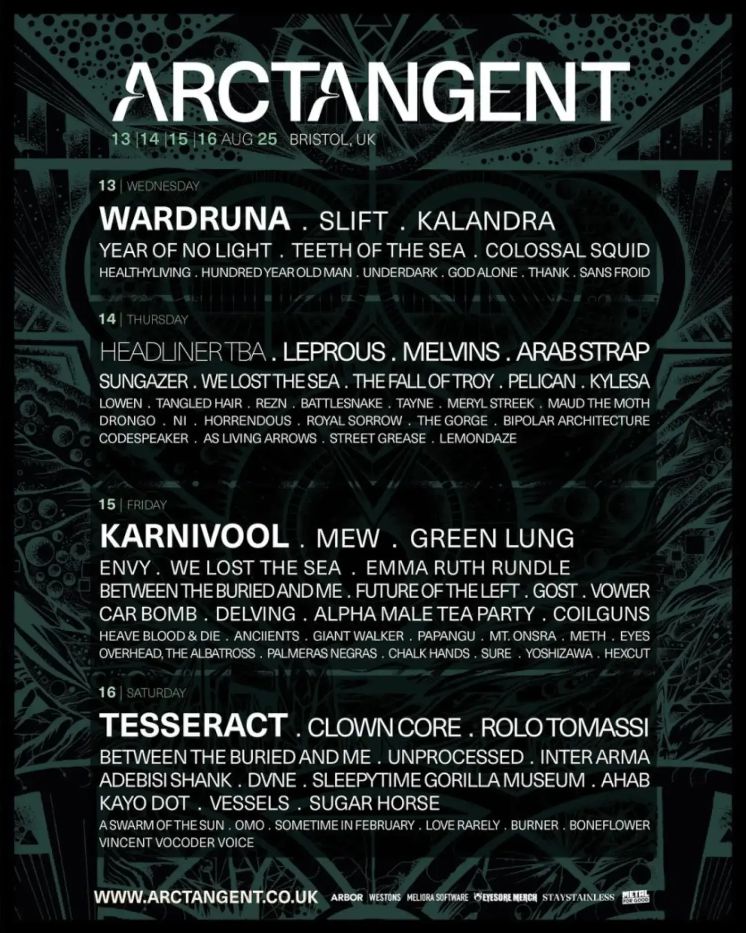 This image is courtesy of ArcTanGent festival, showing you which acts are scheduled for 2025.