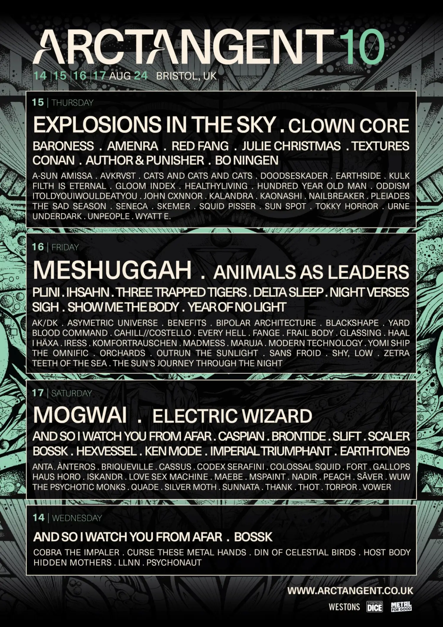 This image is courtesy of ArcTanGent festival, showing you which acts are scheduled for 2024.