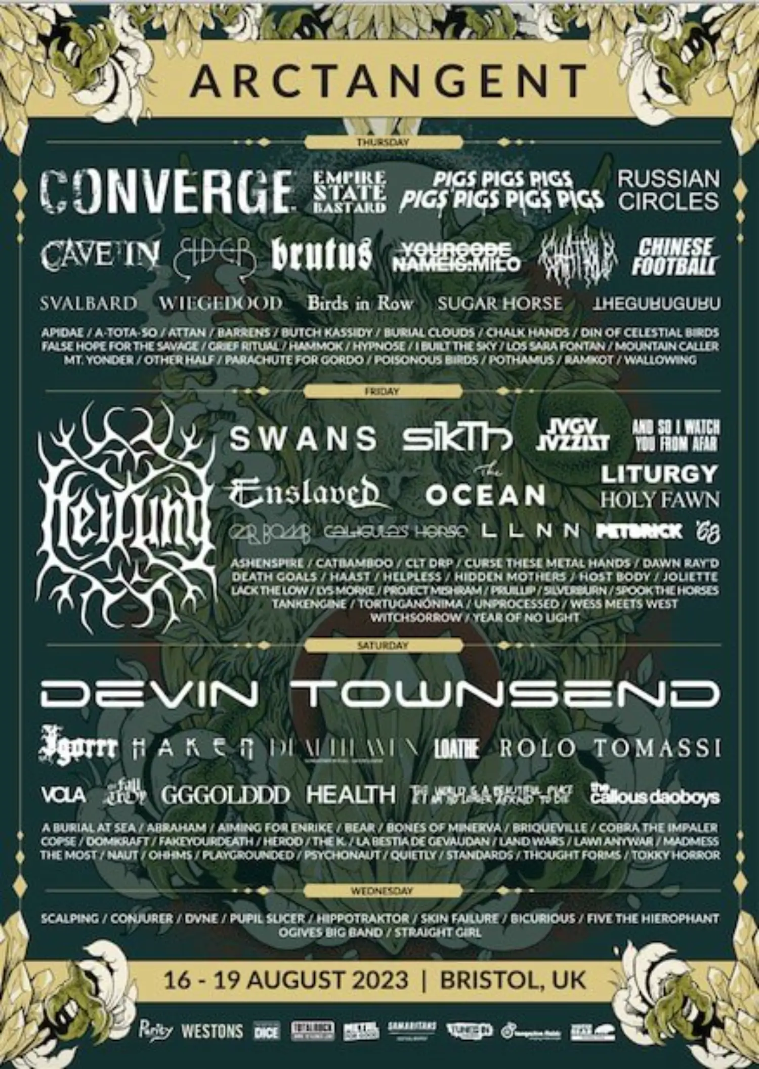 This image is courtesy of ArcTanGent festival, showing you which acts are scheduled for 2023.