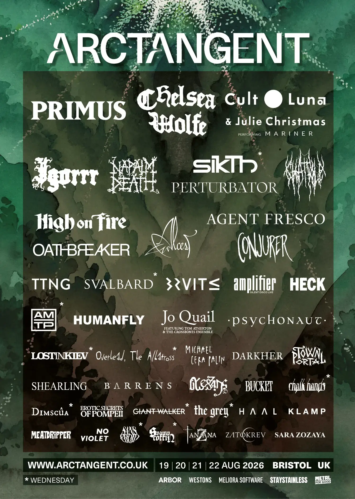This image is courtesy of ArcTanGent festival, showing you which acts are scheduled for 2026.