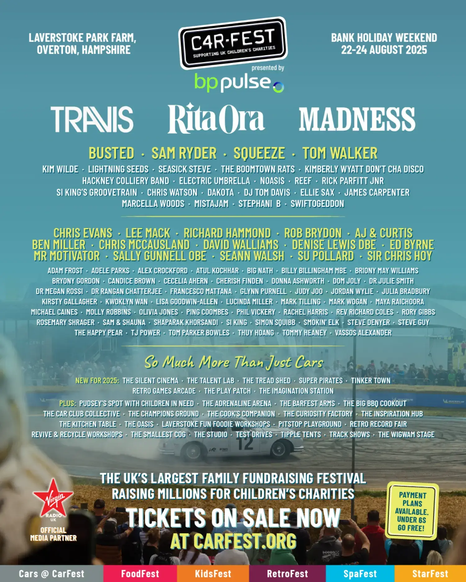 This image is courtesy of CarFest festival, showing you which acts are scheduled for 2025.