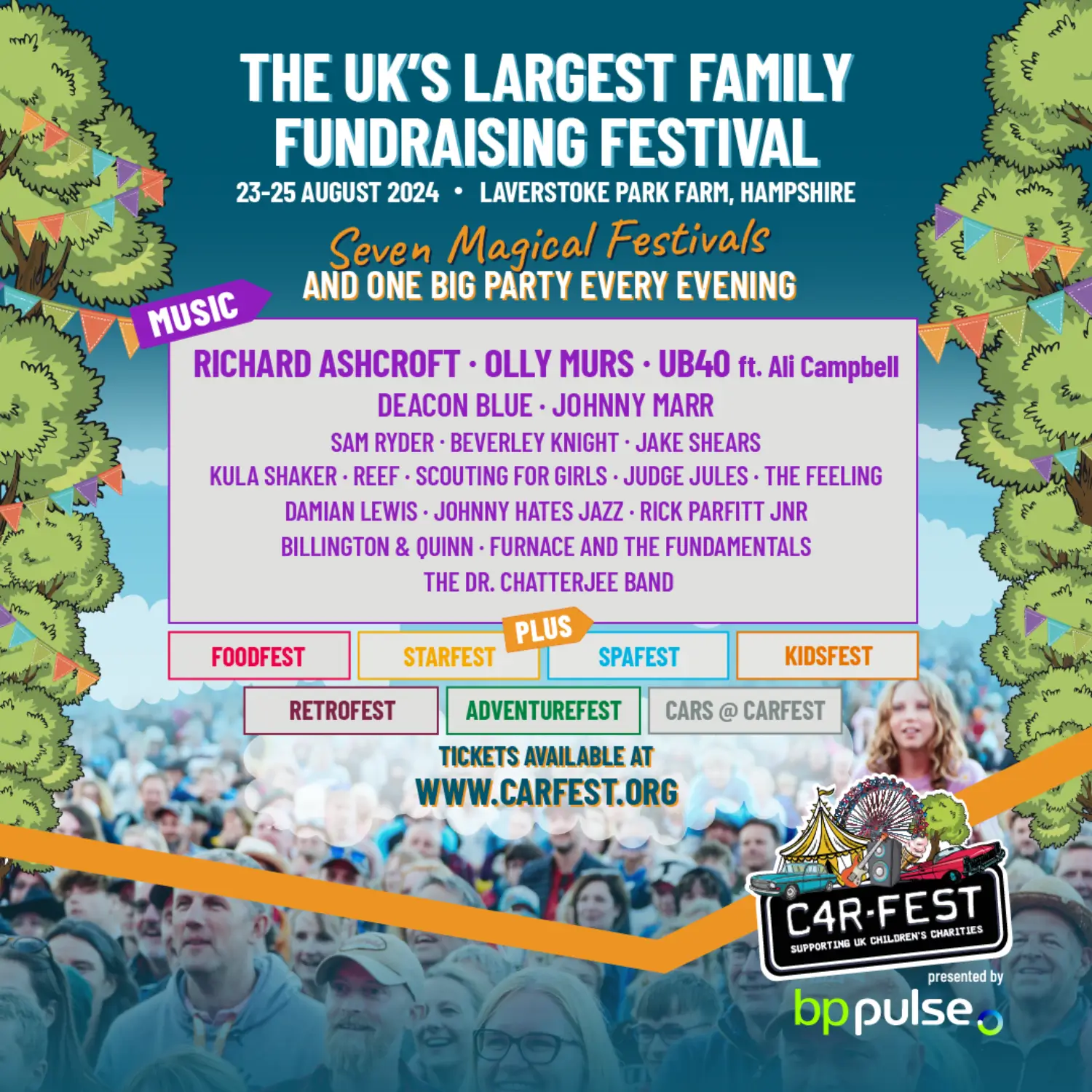 This image is courtesy of CarFest festival, showing you which acts are scheduled for 2024.