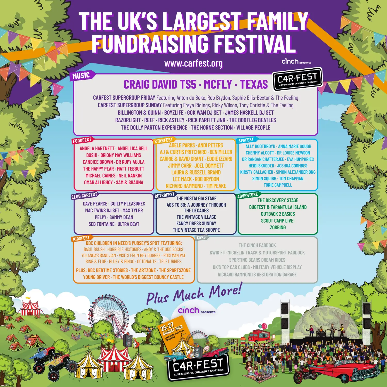 This image is courtesy of CarFest festival, showing you which acts are scheduled for 2023.