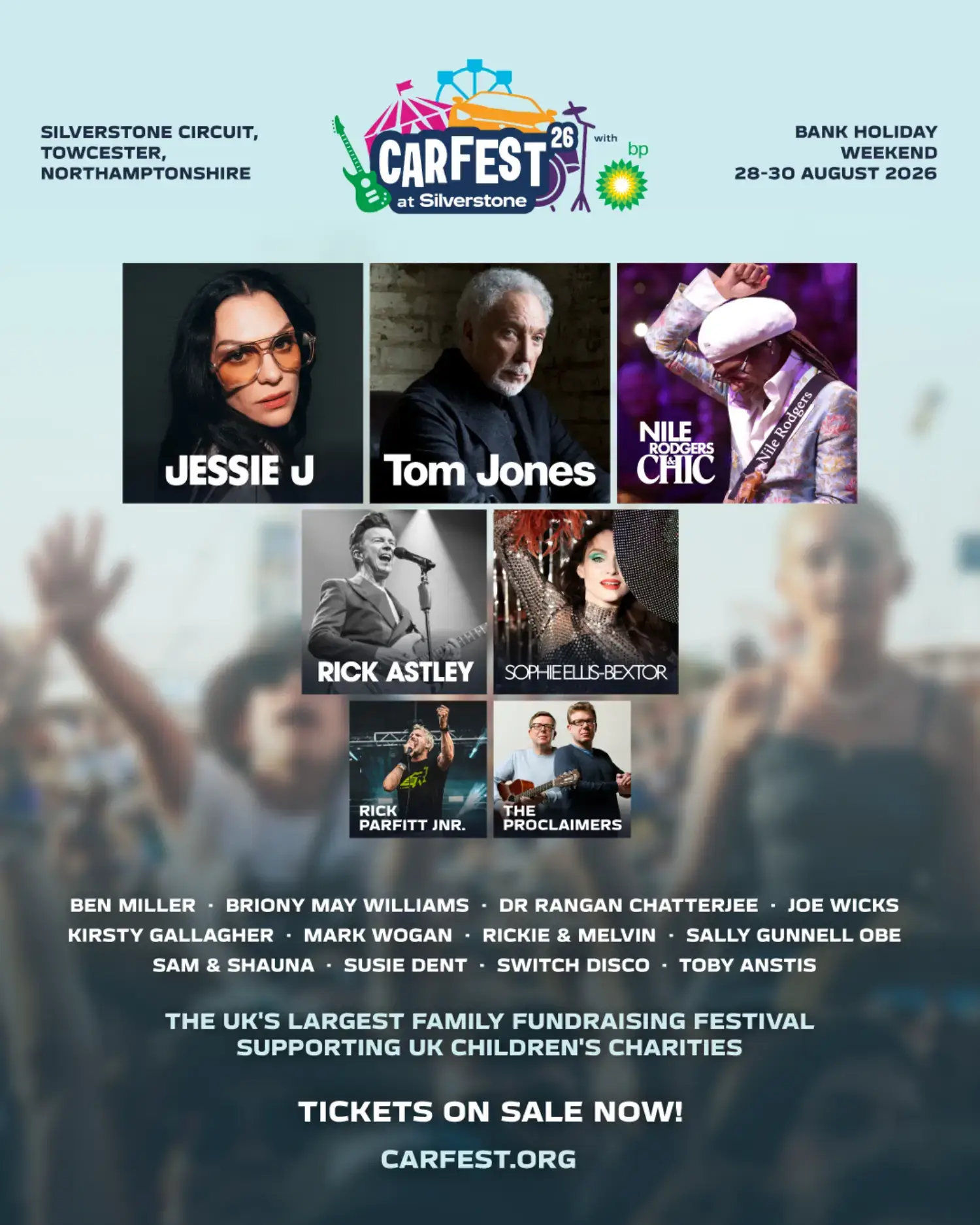 This image is courtesy of CarFest festival, showing you which acts are scheduled for 2026.
