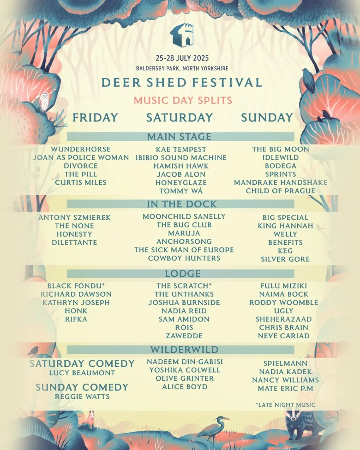 This image is courtesy of Deer Shed festival, showing you which acts are scheduled for 2025.