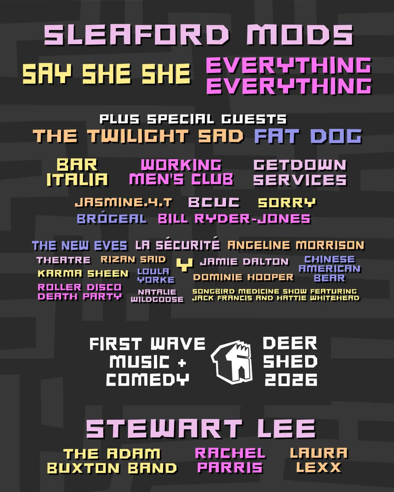 This image is courtesy of Deer Shed festival, showing you which acts are scheduled for 2026.