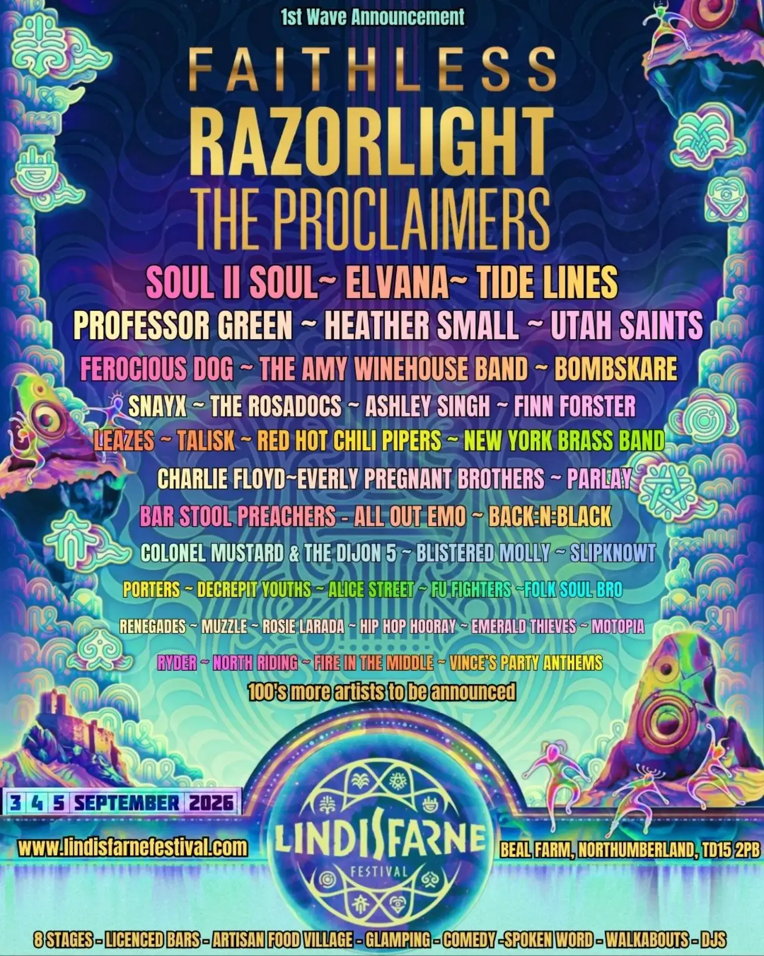 This image is courtesy of Lindisfarne festival, showing you which acts are scheduled for 2026.