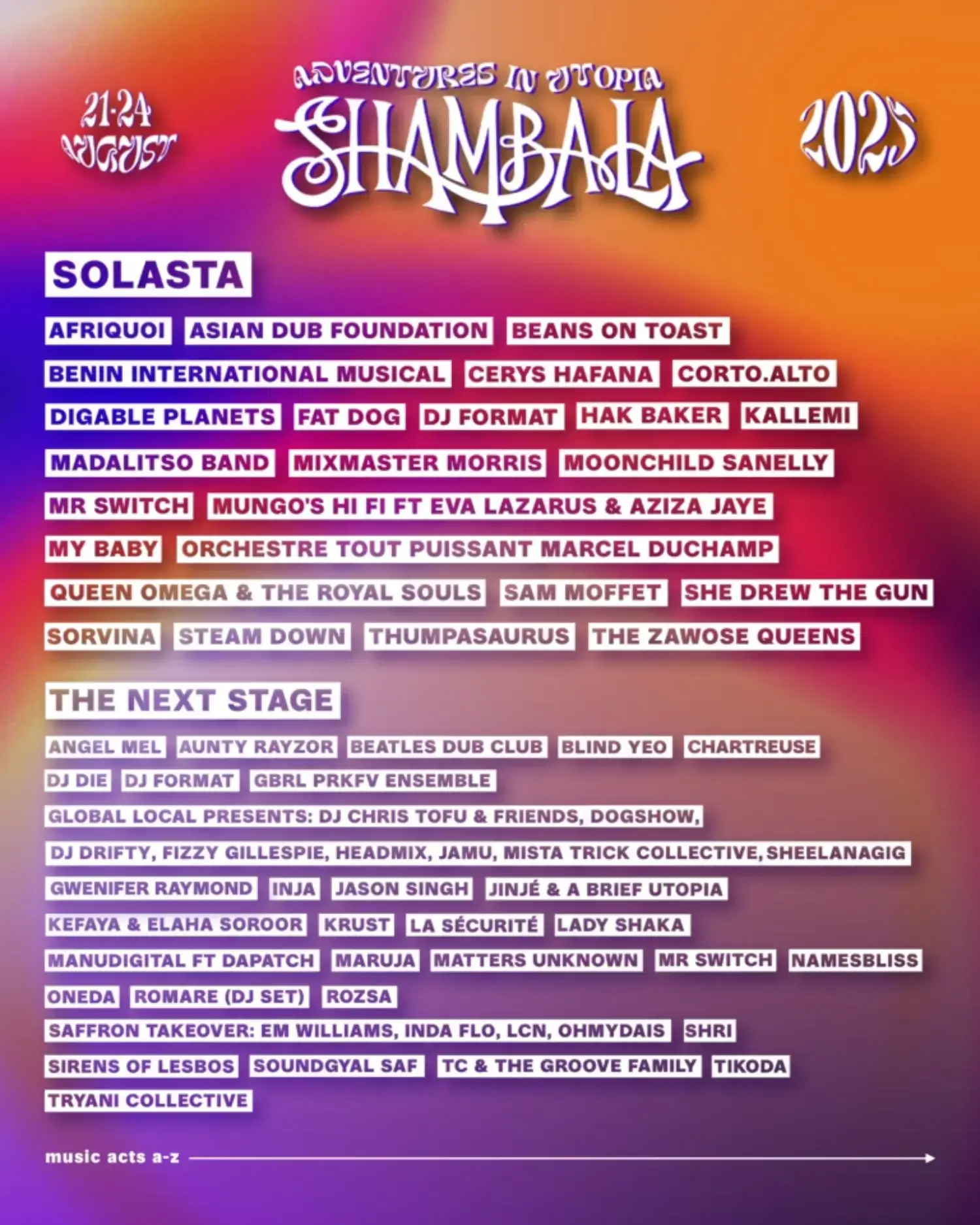 This image is courtesy of Shambala festival, showing you which acts are scheduled for 2025.