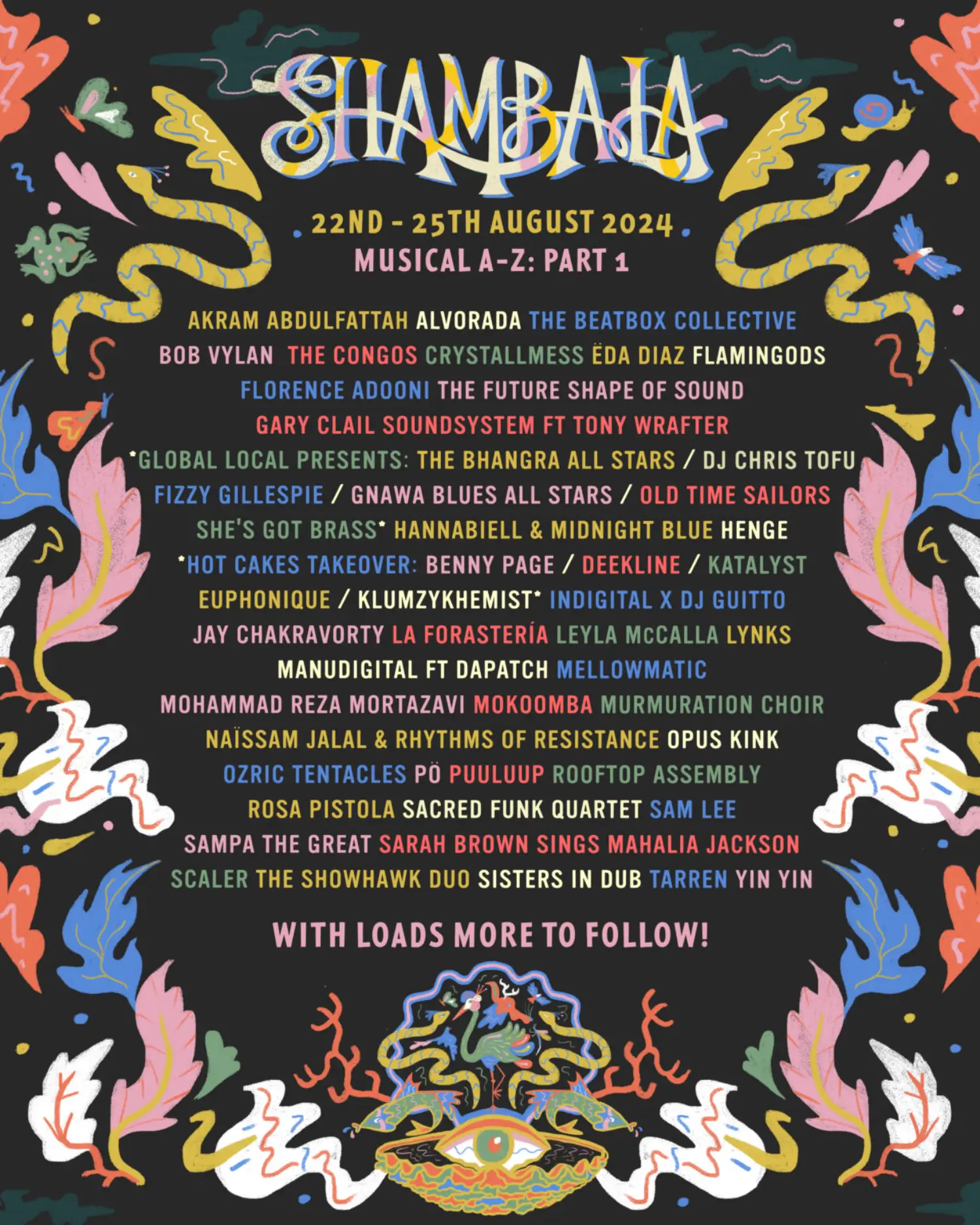 This image is courtesy of Shambala festival, showing you which acts are scheduled for 2024.