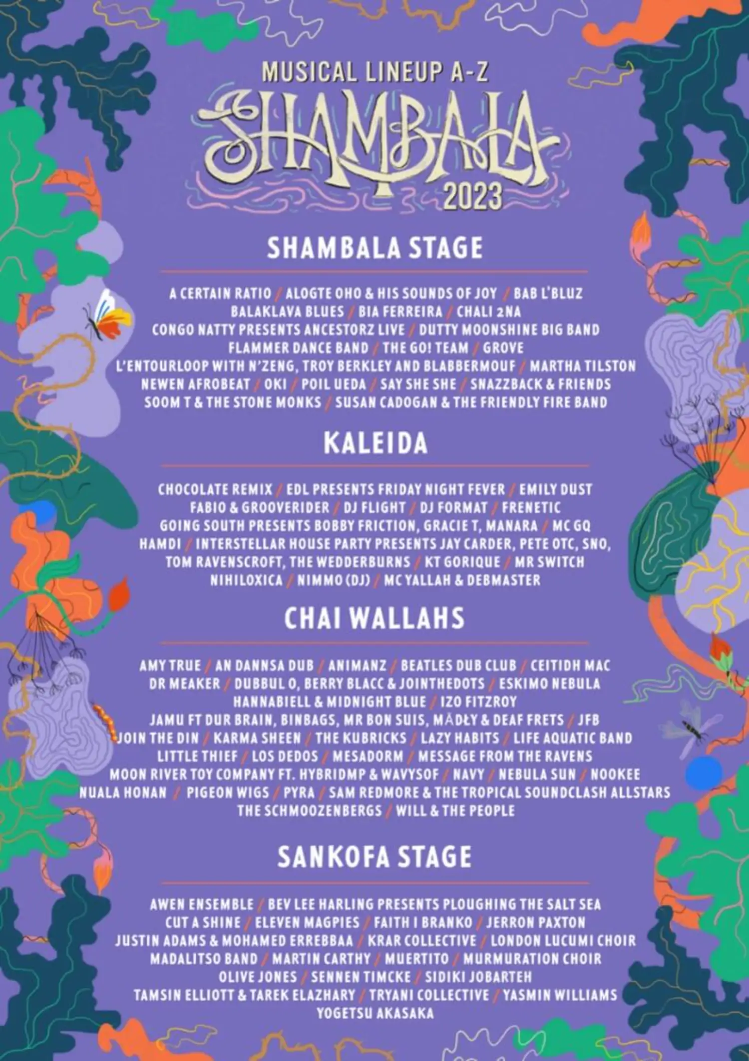 This image is courtesy of Shambala festival, showing you which acts are scheduled for 2023.
