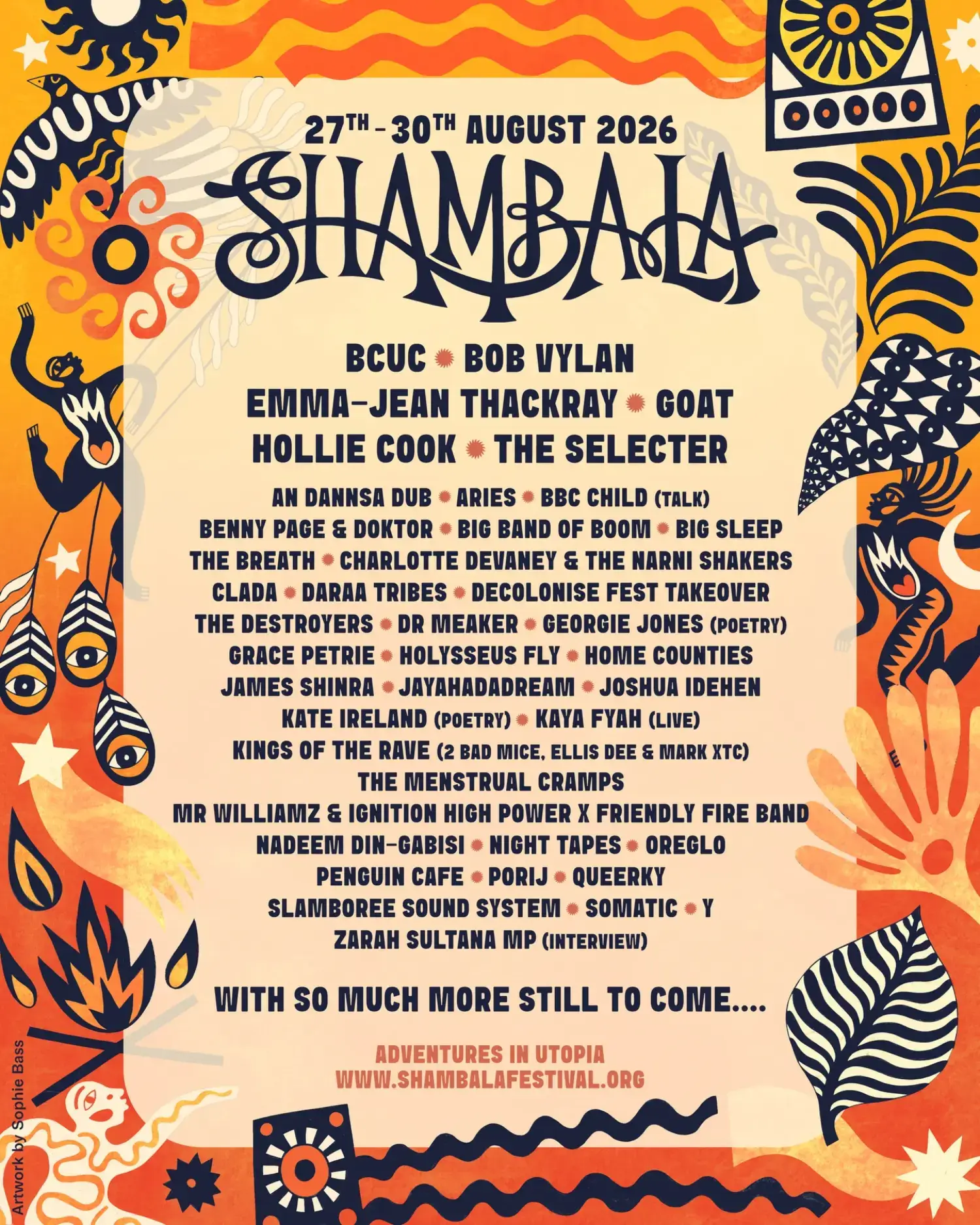This image is courtesy of Shambala festival, showing you which acts are scheduled for 2026.
