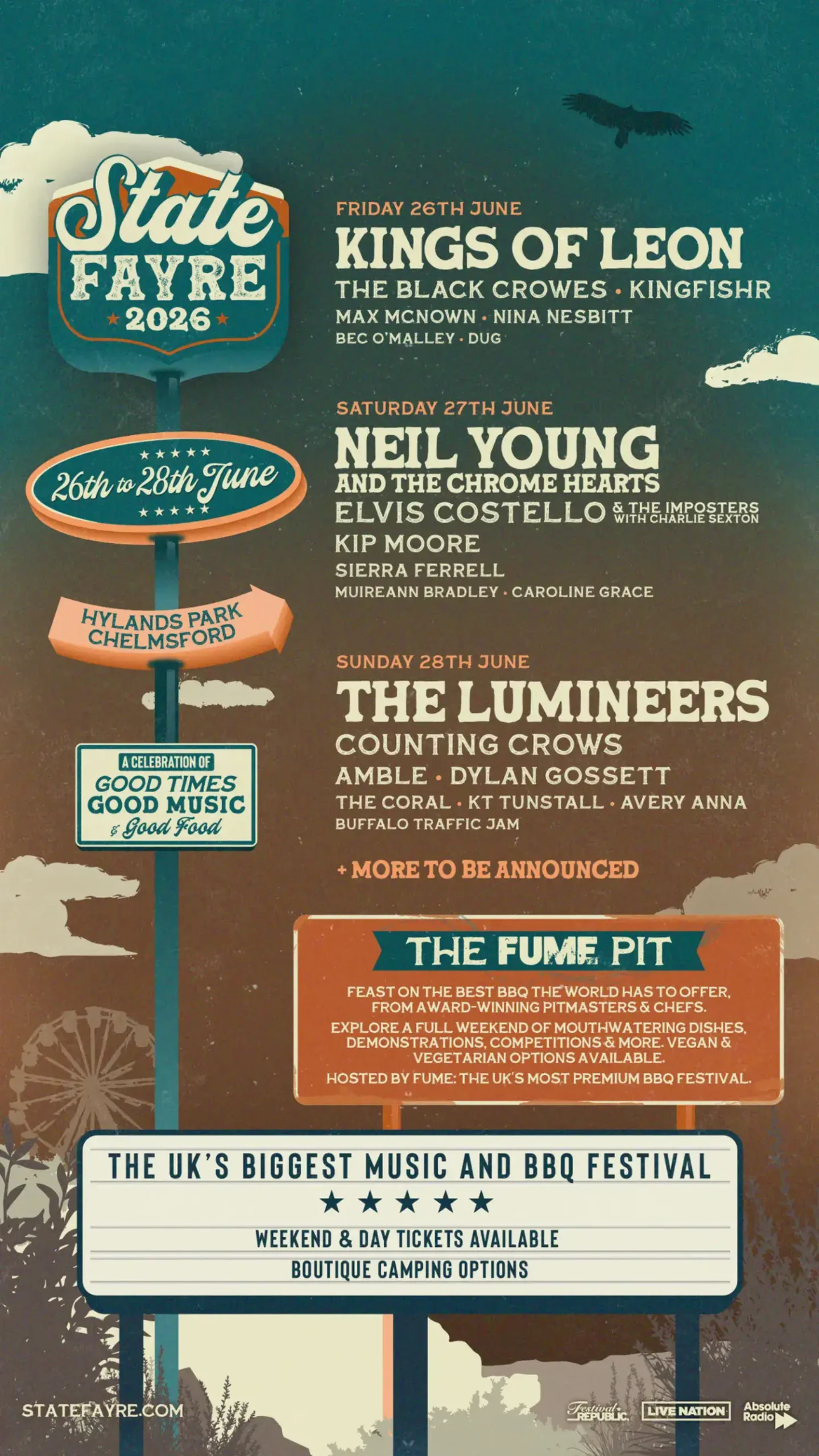 This image is courtesy of State Fayre festival, showing you which acts are scheduled for 2026.