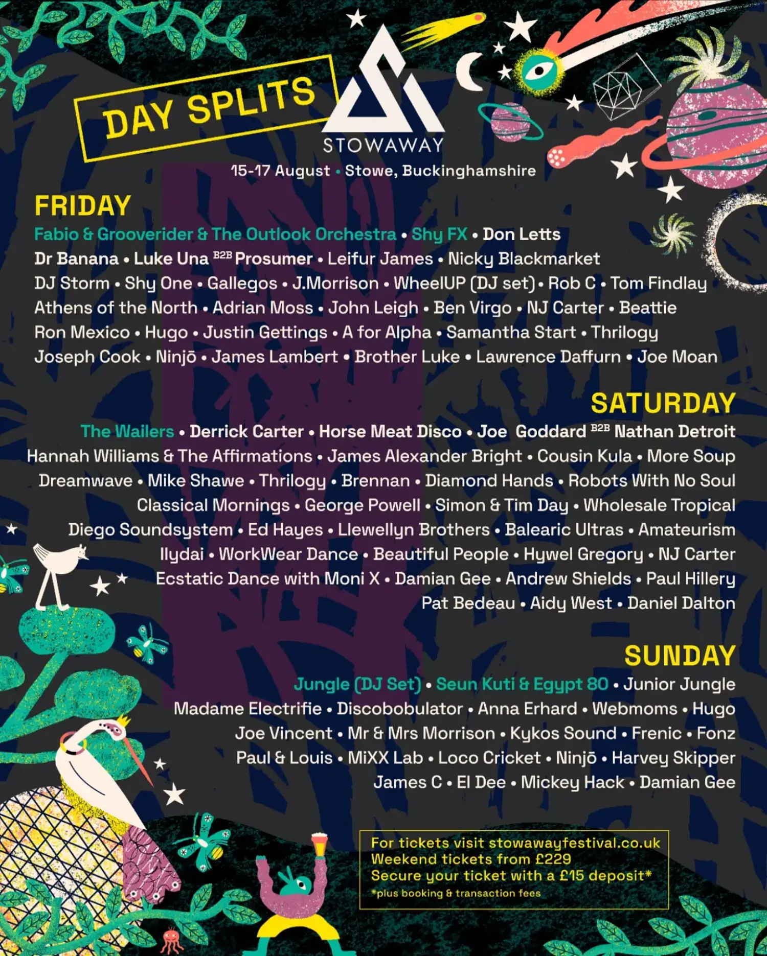 This image is courtesy of Stowaway festival, showing you which acts are scheduled for 2025.