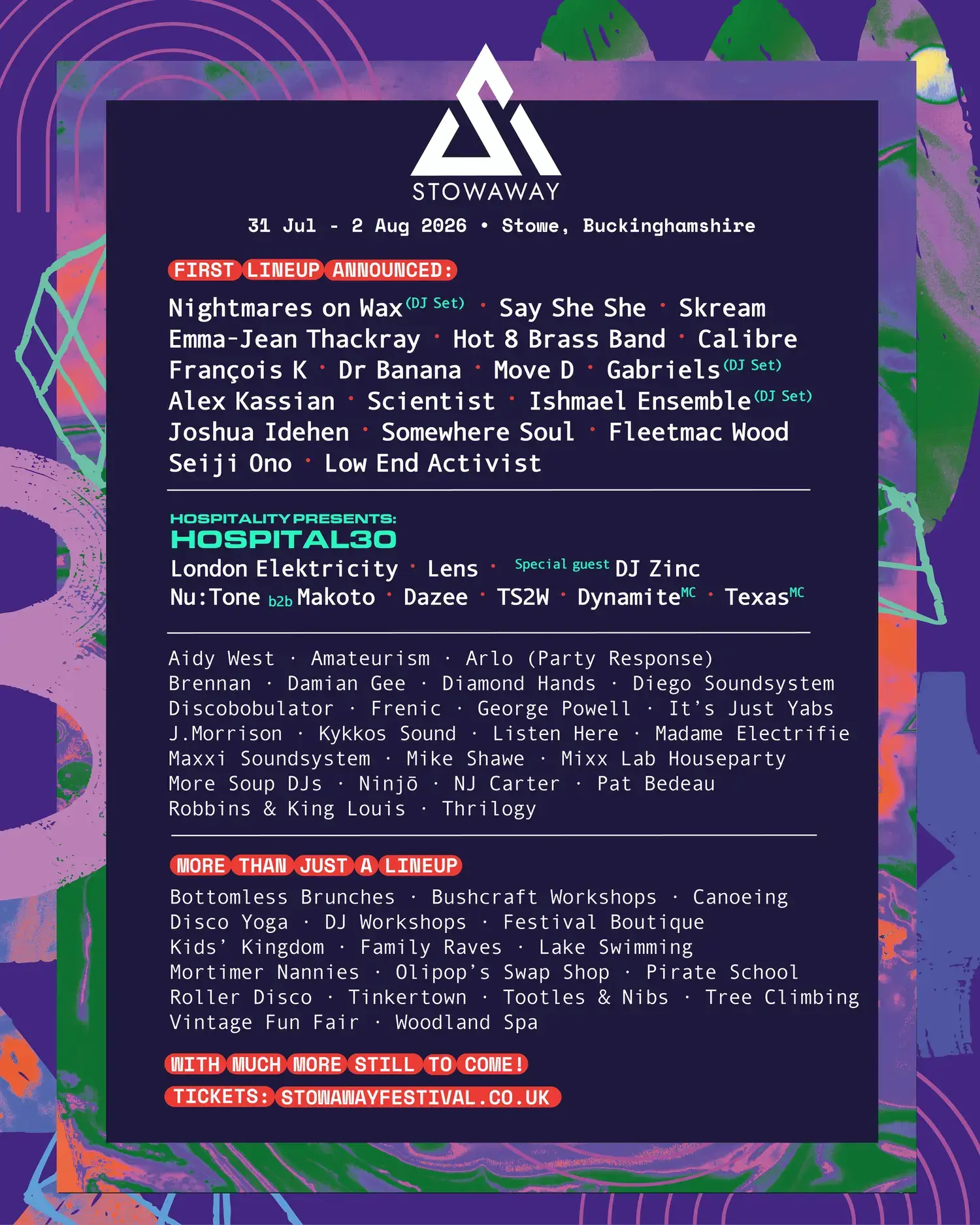 This image is courtesy of Stowaway festival, showing you which acts are scheduled for 2026.